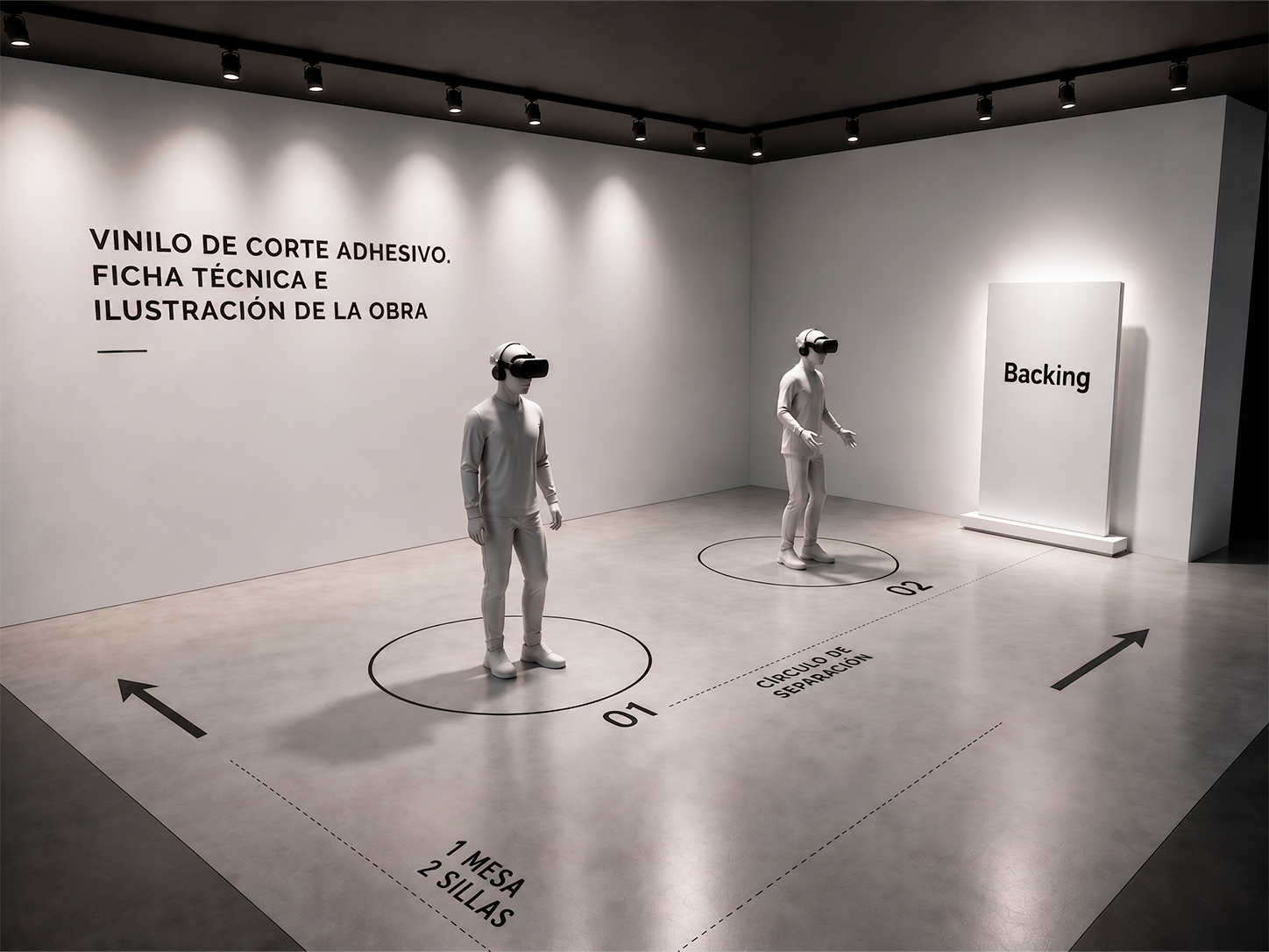 Planta del montaje de la exhibición: recepción, dos estaciones VR y zona de backing
